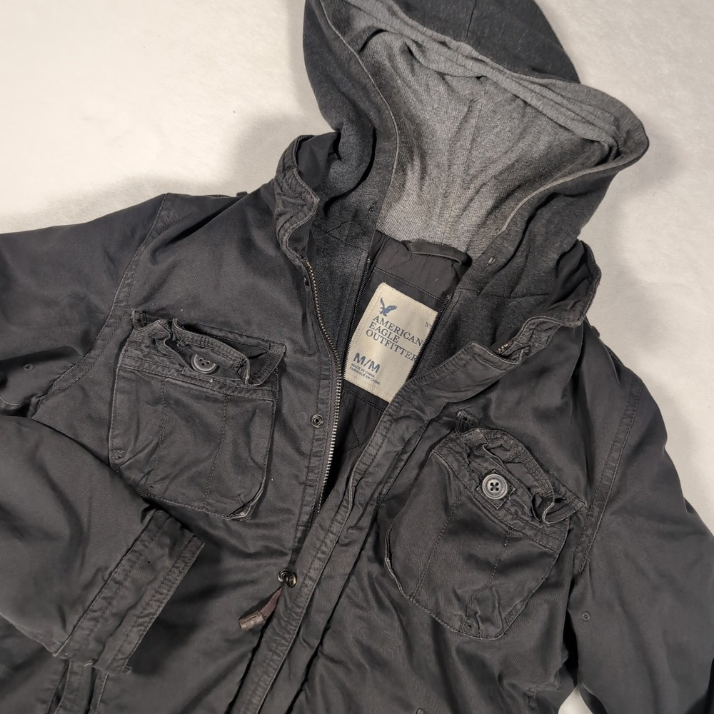 Y2K American Eagle Outfitters Military Field Jacket Mens Med Black Cotton 2009